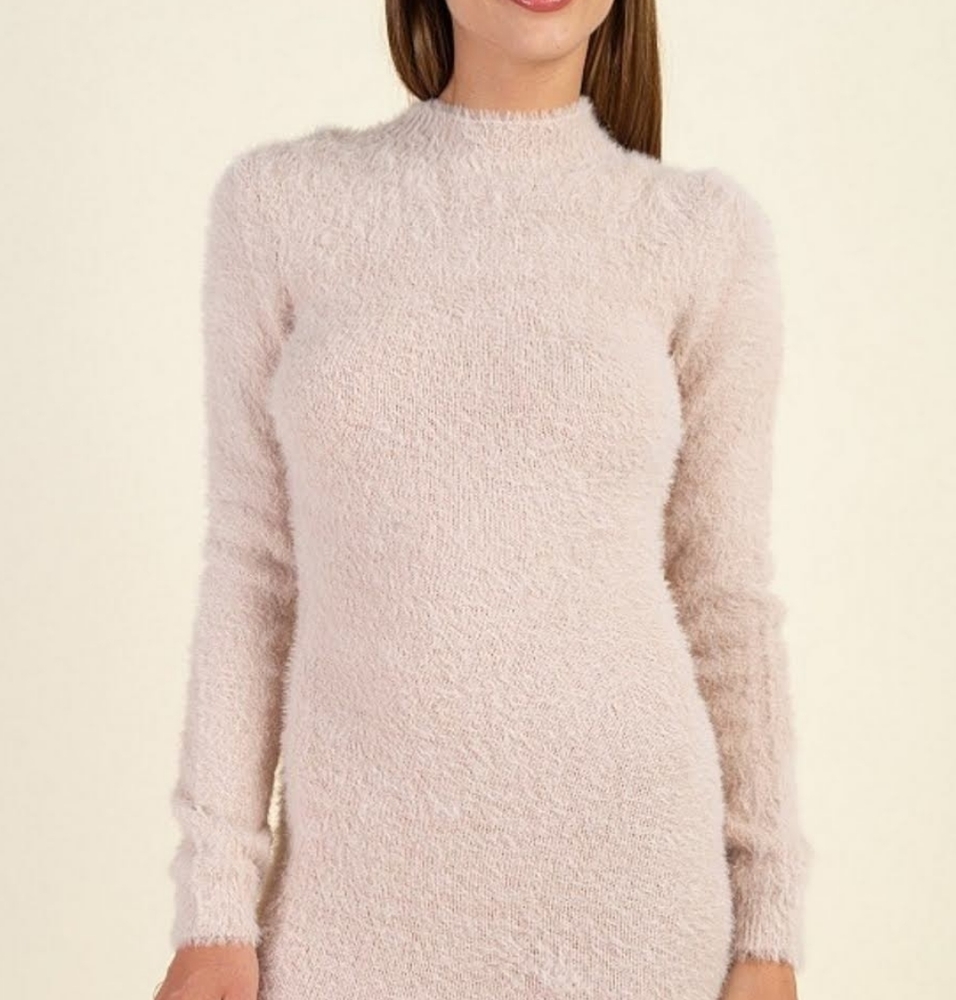 Mid-High Neck Plush Sweater Dress